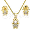 Oro Laminado Earring and Pendant Adult Set, Gold Filled Style Little Girl Design, with White Micro Pave, Polished, Golden Finish, 10.156.0223
