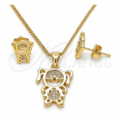 Oro Laminado Earring and Pendant Adult Set, Gold Filled Style Little Girl Design, with White Micro Pave, Polished, Golden Finish, 10.156.0224