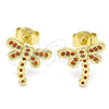 Oro Laminado Stud Earring, Gold Filled Style Dragon-Fly Design, with Garnet Micro Pave, Polished, Golden Finish, 02.156.0396.1