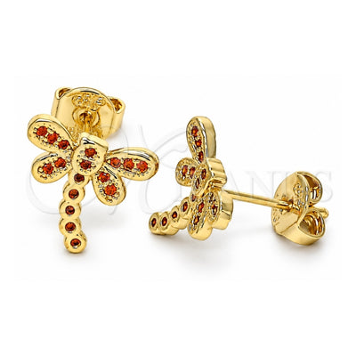 Oro Laminado Stud Earring, Gold Filled Style Dragon-Fly Design, with Garnet Micro Pave, Polished, Golden Finish, 02.156.0396.1