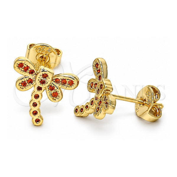 Oro Laminado Stud Earring, Gold Filled Style Dragon-Fly Design, with Garnet Micro Pave, Polished, Golden Finish, 02.156.0396.1