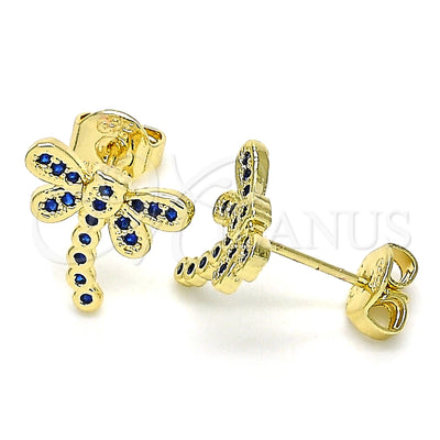 Oro Laminado Stud Earring, Gold Filled Style Dragon-Fly Design, with Sapphire Blue Micro Pave, Polished, Golden for wholesale, main product view
