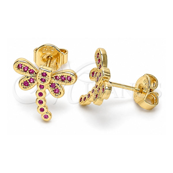 Oro Laminado Stud Earring, Gold Filled Style Dragon-Fly Design, with Ruby Micro Pave, Polished, Golden Finish, 02.156.0396.3