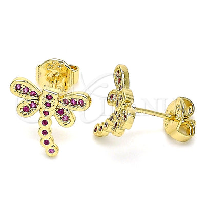 Oro Laminado Stud Earring, Gold Filled Style Dragon-Fly Design, with Ruby Micro Pave, Polished, Golden Finish for wholesale, main product view