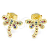 Oro Laminado Stud Earring, Gold Filled Style Dragon-Fly Design, with Multicolor Micro Pave, Polished, Golden Finish, 02.156.0396.4