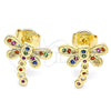 Oro Laminado Stud Earring, Gold Filled Style Dragon-Fly Design, with Multicolor Micro Pave, Polished, Golden Finish, 02.156.0396.4