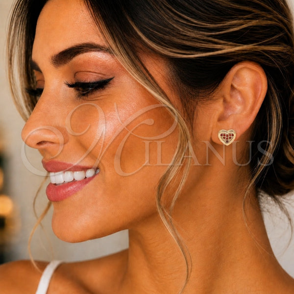 Oro Laminado Stud Earring, Gold Filled Style Heart Design, with Garnet Micro Pave, Polished, Golden Finish, 02.156.0394.1