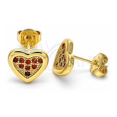 Oro Laminado Stud Earring, Gold Filled Style Heart Design, with Garnet Micro Pave, Polished, Golden Finish, 02.156.0394.1