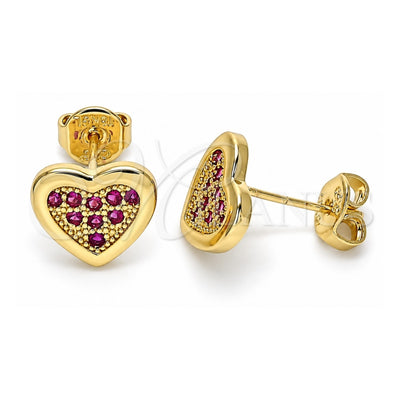 Oro Laminado Stud Earring, Gold Filled Style Heart Design, with Ruby Micro Pave, Polished, Golden Finish, 02.156.0394.2