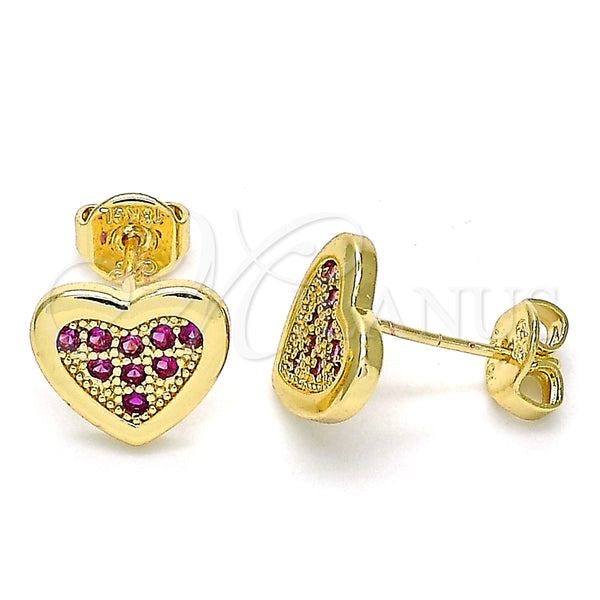 Oro Laminado Stud Earring, Gold Filled Style Heart Design, with Ruby Micro Pave, Polished, Golden Finish, 02.156.0394.2
