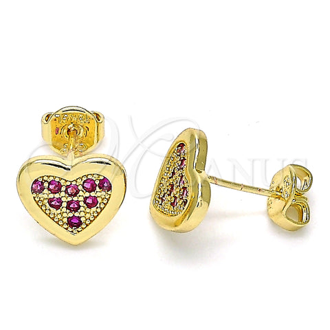 Oro Laminado Stud Earring, Gold Filled Style Heart Design, with Ruby Micro Pave, Polished, Golden Finish, 02.156.0394.2