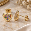 Oro Laminado Stud Earring, Gold Filled Style Heart Design, with Multicolor Micro Pave, Polished, Golden Finish, 02.156.0394.3