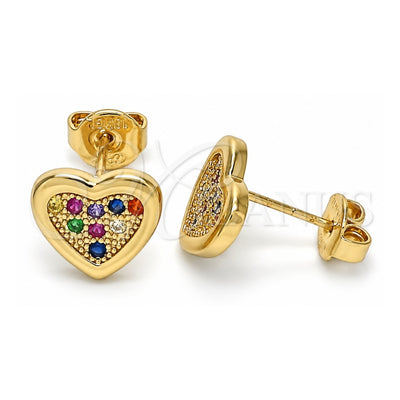 Oro Laminado Stud Earring, Gold Filled Style Heart Design, with Multicolor Micro Pave, Polished, Golden Finish, 02.156.0394.3