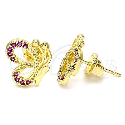 Oro Laminado Stud Earring, Gold Filled Style Butterfly Design, with Ruby Micro Pave, Polished, Golden Finish for wholesale, main product view