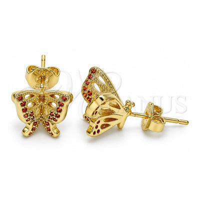 Oro Laminado Stud Earring, Gold Filled Style Butterfly Design, with Garnet Micro Pave, Polished, Golden Finish, 02.156.0374.1