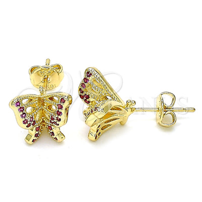 Oro Laminado Stud Earring, Gold Filled Style Butterfly Design, with Ruby Micro Pave, Polished, Golden Finish for wholesale, main product view