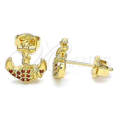 Oro Laminado Stud Earring, Gold Filled Style Anchor Design, with Garnet Micro Pave, Polished, Golden Finish for wholesale, main product view
