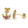 Oro Laminado Stud Earring, Gold Filled Style Anchor Design, with Ruby Micro Pave, Polished, Golden Finish, 02.156.0302.2
