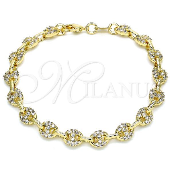 Oro Laminado Fancy Bracelet, Gold Filled Style Puff Mariner Design, with White Micro Pave, Polished, Golden Finish, 04.63.1401.08 (06 MM Thickness, 8 Inches Length)