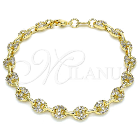 Oro Laminado Fancy Bracelet, Gold Filled Style Puff Mariner Design, with White Micro Pave, Polished, Golden Finish, 04.63.1401.08 (06 MM Thickness, 8 Inches Length)