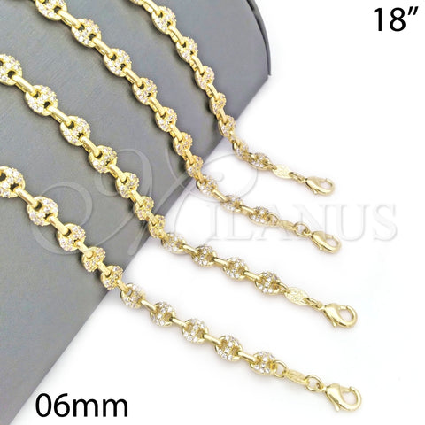 Oro Laminado Fancy Necklace, Gold Filled Style Puff Mariner Design, with White Micro Pave, Polished, Golden Finish, 04.63.1401.18 (06 MM Thickness, 18 Inches Length)