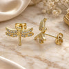 Oro Laminado Stud Earring, Gold Filled Style Dragon-Fly Design, with White Micro Pave, Polished, Golden Finish, 02.342.0072