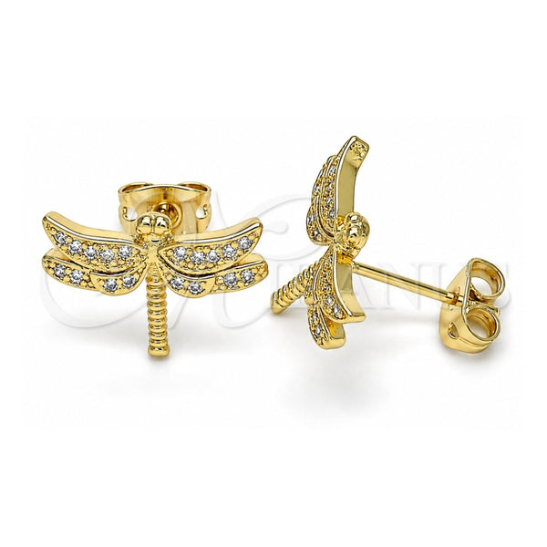 Oro Laminado Stud Earring, Gold Filled Style Dragon-Fly Design, with White Micro Pave, Polished, Golden Finish, 02.342.0072