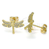 Oro Laminado Stud Earring, Gold Filled Style Dragon-Fly Design, with White Micro Pave, Polished, Golden Finish, 02.342.0072