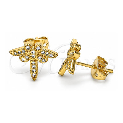 Oro Laminado Stud Earring, Gold Filled Style Dragon-Fly Design, with White Micro Pave, Polished, Golden Finish, 02.342.0073
