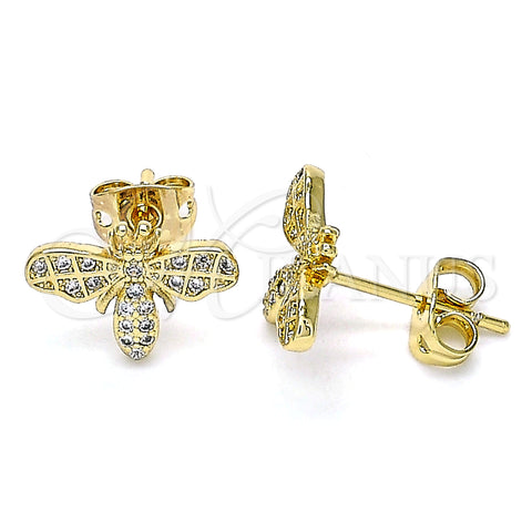 Oro Laminado Stud Earring, Gold Filled Style Bee Design, with White Micro Pave, Polished, Golden Finish, 02.342.0074