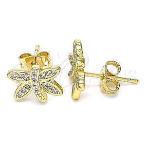 Oro Laminado Stud Earring, Gold Filled Style Dragon-Fly Design, with White Micro Pave, Polished, Golden Finish, 02.342.0075