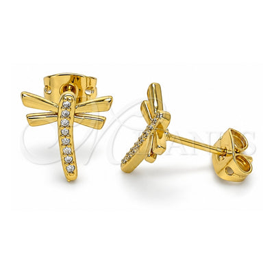 Oro Laminado Stud Earring, Gold Filled Style Dragon-Fly Design, with White Micro Pave, Polished, Golden Finish, 02.342.0079