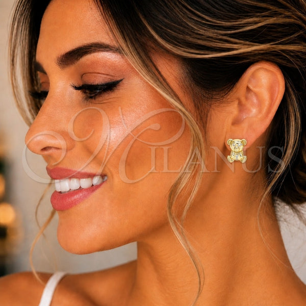 Oro Laminado Stud Earring, Gold Filled Style Teddy Bear Design, with White Cubic Zirconia, Polished, Golden Finish, 02.185.0002