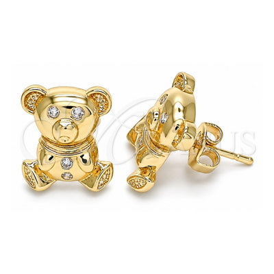 Oro Laminado Stud Earring, Gold Filled Style Teddy Bear Design, with White Cubic Zirconia, Polished, Golden Finish, 02.185.0002