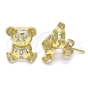 Oro Laminado Stud Earring, Gold Filled Style Teddy Bear Design, with White Cubic Zirconia, Polished, Golden Finish, 02.185.0002