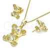 Oro Laminado Earring and Pendant Adult Set, Gold Filled Style Teddy Bear Design, with White Cubic Zirconia, Polished, Golden Finish, 10.185.0009