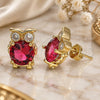 Oro Laminado Stud Earring, Gold Filled Style Owl Design, with Garnet Cubic Zirconia and White Micro Pave, Polished, Golden Finish, 02.156.0415