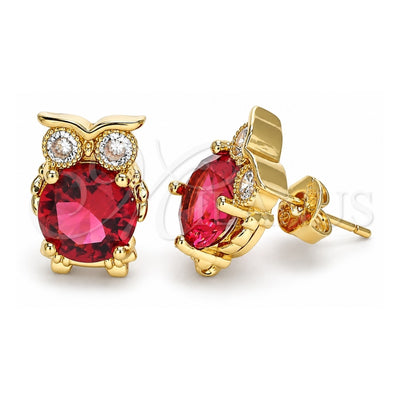 Oro Laminado Stud Earring, Gold Filled Style Owl Design, with Garnet Cubic Zirconia and White Micro Pave, Polished, Golden Finish, 02.156.0415