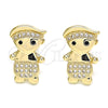 Oro Laminado Stud Earring, Gold Filled Style Little Boy Design, with White and Black Micro Pave, Polished, Golden Finish, 02.156.0417