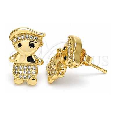 Oro Laminado Stud Earring, Gold Filled Style Little Boy Design, with White and Black Micro Pave, Polished, Golden Finish, 02.156.0417