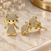 Oro Laminado Stud Earring, Gold Filled Style Little Girl Design, with White and Black Micro Pave, Polished, Golden Finish, 02.156.0418