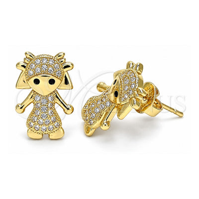 Oro Laminado Stud Earring, Gold Filled Style Little Girl Design, with White and Black Micro Pave, Polished, Golden Finish, 02.156.0418
