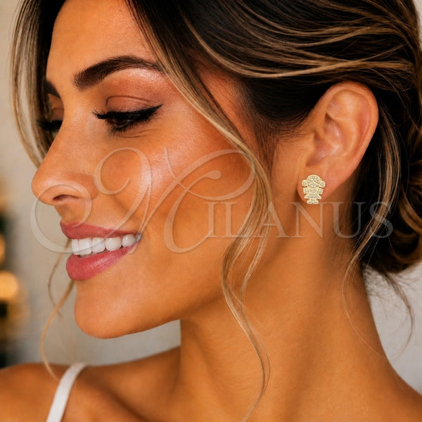 Oro Laminado Stud Earring, Gold Filled Style Little Girl Design, with White Micro Pave, Polished, Golden Finish, 02.156.0419