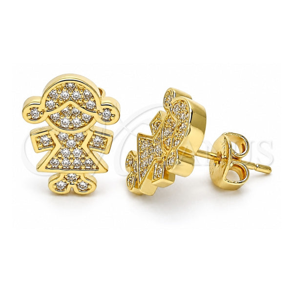 Oro Laminado Stud Earring, Gold Filled Style Little Girl Design, with White Micro Pave, Polished, Golden Finish, 02.156.0419
