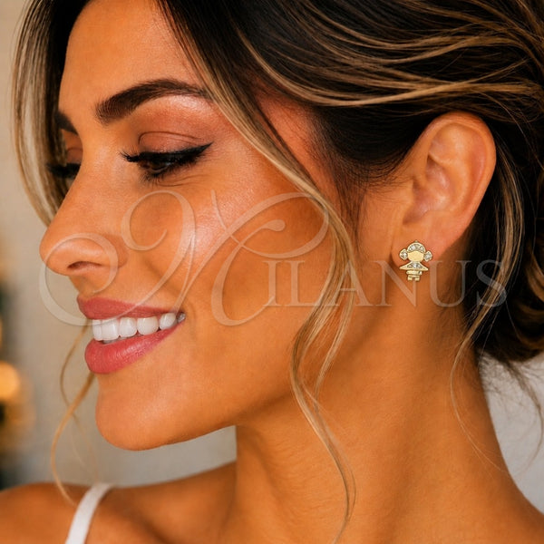 Oro Laminado Stud Earring, Gold Filled Style Little Girl Design, with White Micro Pave, Polished, Golden Finish, 02.156.0421