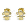 Oro Laminado Stud Earring, Gold Filled Style Little Girl Design, with White Micro Pave, Polished, Golden Finish, 02.156.0421
