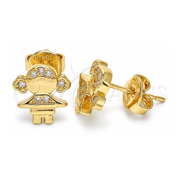 Oro Laminado Stud Earring, Gold Filled Style Little Girl Design, with White Micro Pave, Polished, Golden Finish, 02.156.0421