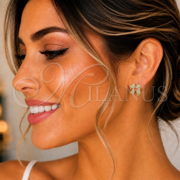 Oro Laminado Stud Earring, Gold Filled Style Little Boy and Little Girl Design, with White Micro Pave, Polished, Golden Finish, 02.156.0423.1