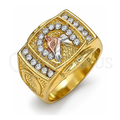 Oro Laminado Mens Ring, Gold Filled Style Horse Design, with White Crystal, Polished, Tricolor, 01.351.0008.10 (Size 10)