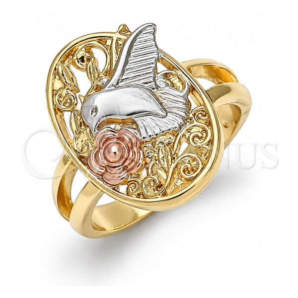 Oro Laminado Elegant Ring, Gold Filled Style Bird and Flower Design, Polished, Tricolor, 01.351.0012.09 (Size 9)